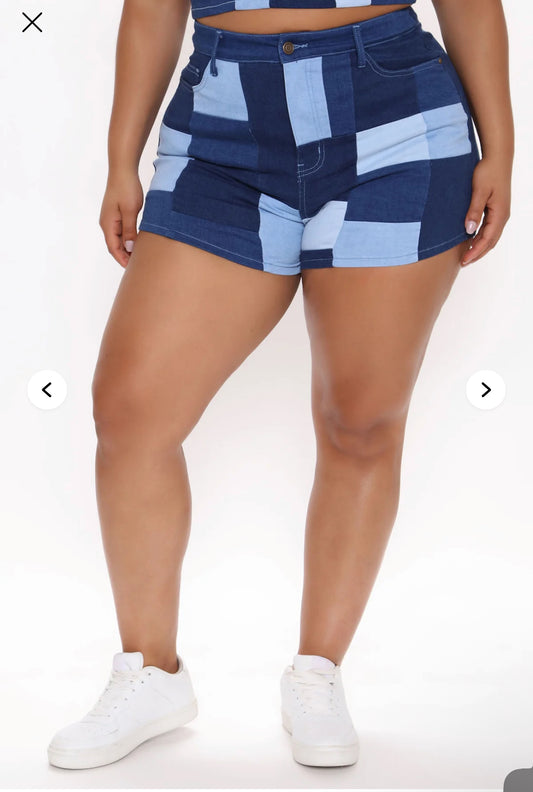 Fashion nova Peace Train Patchwork Stretch Denim Shorts - Blue/combo
