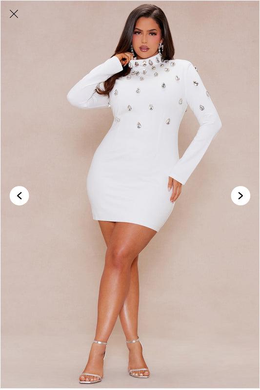 Fashion Nova Aria Embellished Mini Dress - White